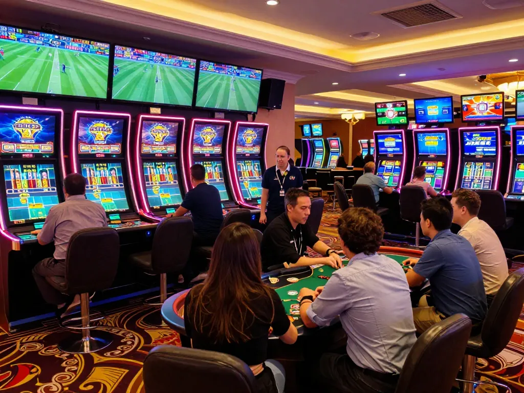 Experience exciting sports betting at nk88 with enthusiastic gamblers and multiple screens displaying live matches.