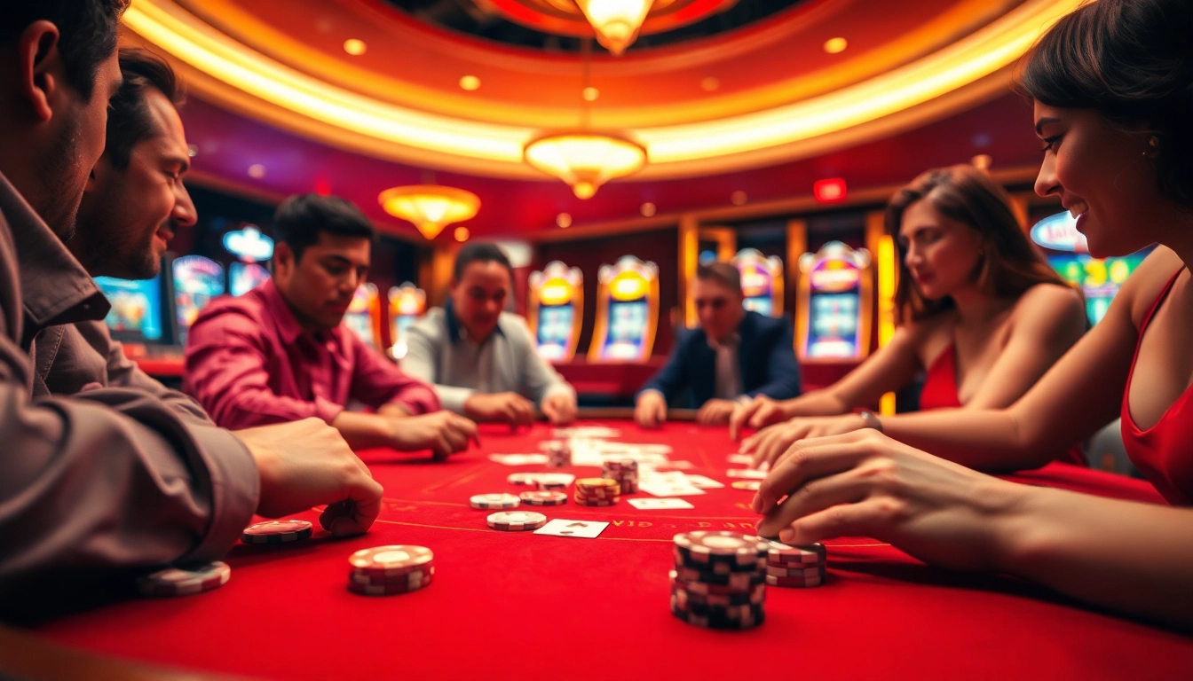 Casino en ligne france légal avec une table de jeu animée, des jetons et des joueurs en train de miser.