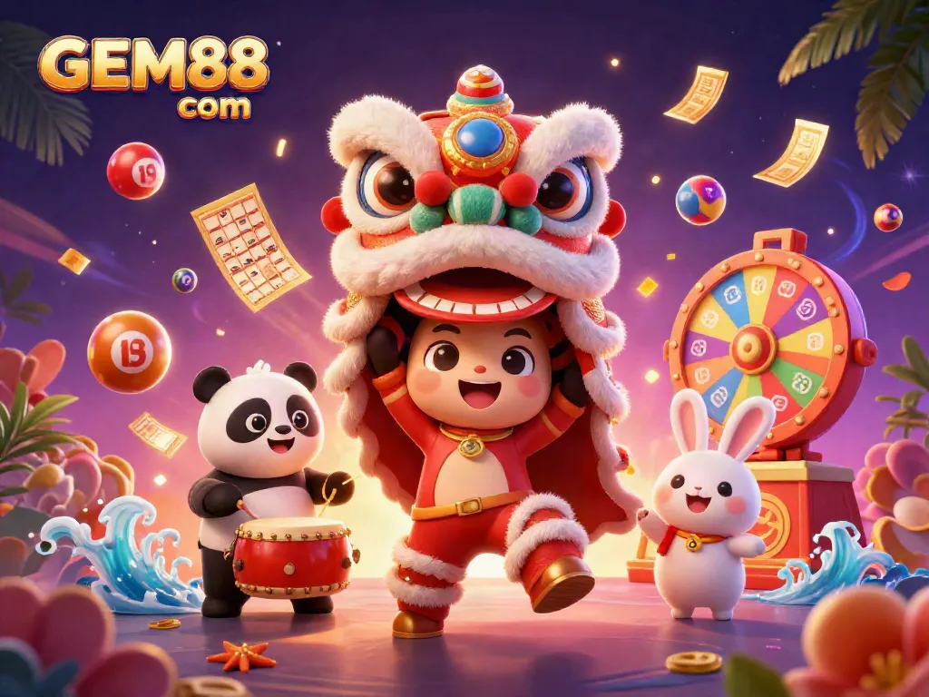Engage with GEM88 com's vibrant lottery scene showcasing excitement and win potential through animated characters and festive elements.