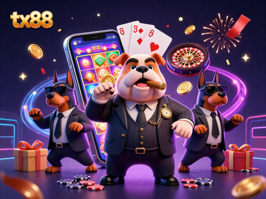 Experience thrilling action with tx88 in this vibrant 3D casino scene featuring a mafia bulldog and Doberman bodyguards.