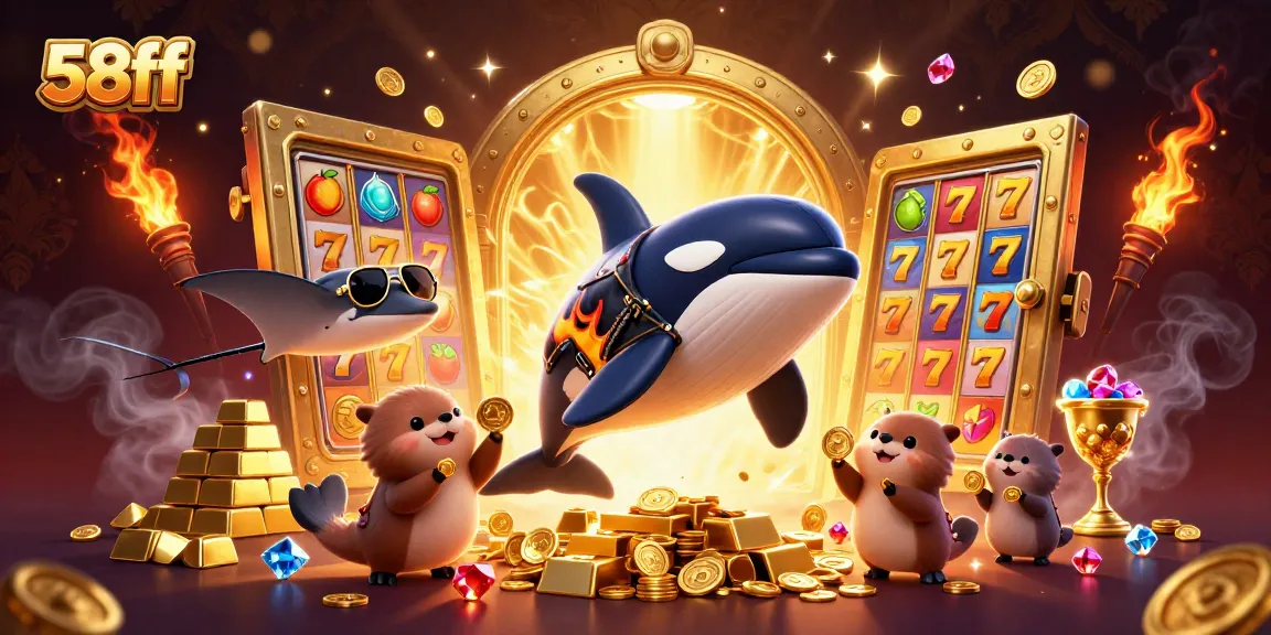 Win big with 58ff as colorful sea creatures surround slot reels and golden coins in a captivating casino scene.
