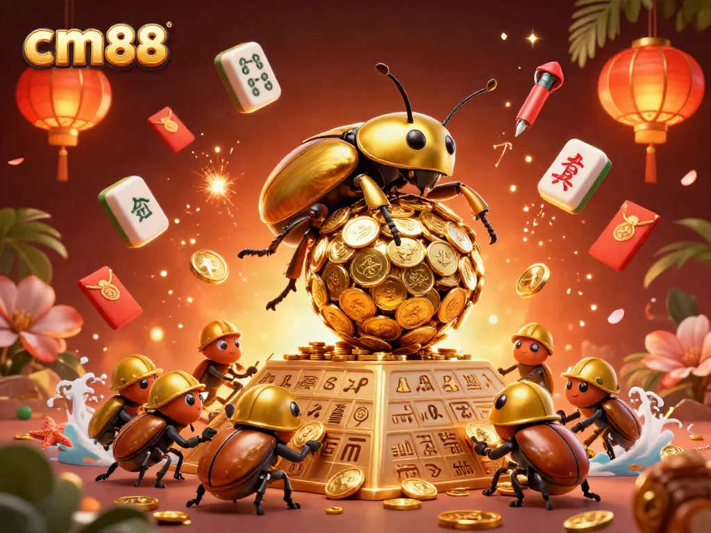 Experience the thrill of cm88 with a captivating scene of golden beetles celebrating casino wins.