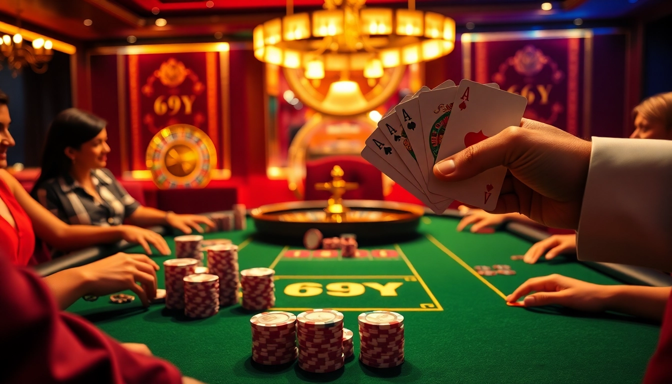 Emoção de apostas em um cassino luxuoso com ação de pôquer 69Y e cartas de altas apostas.