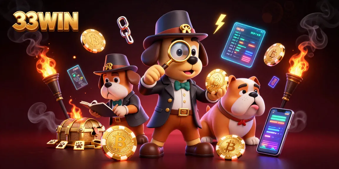 Play with 33WIN while a detective uncovers lucky poker chip clues in a vibrant casino scene.