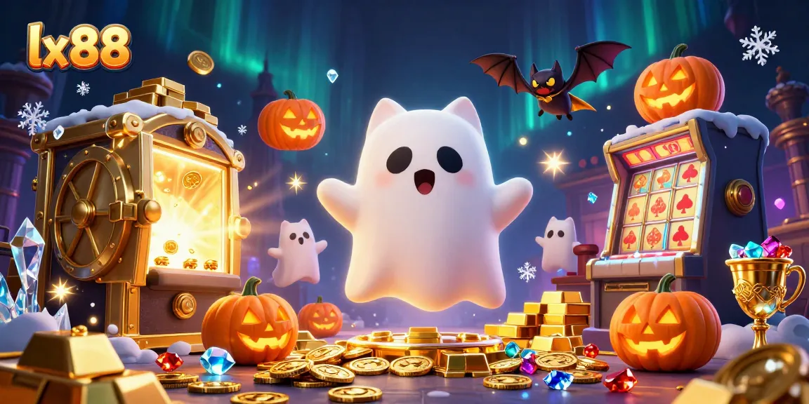 Experience the thrill of lx88 in this haunted casino illustration with ghostly characters and treasures.