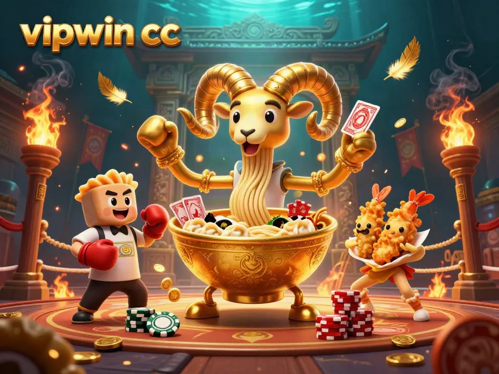Engaging vipwin cc action scene with a cartoon ramen bowl dealer and dynamic casino elements.