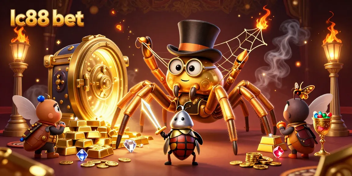 Engage with thrilling gaming moments at lc88 bet featuring a golden tarantula weaving excitement in a vibrant casino.