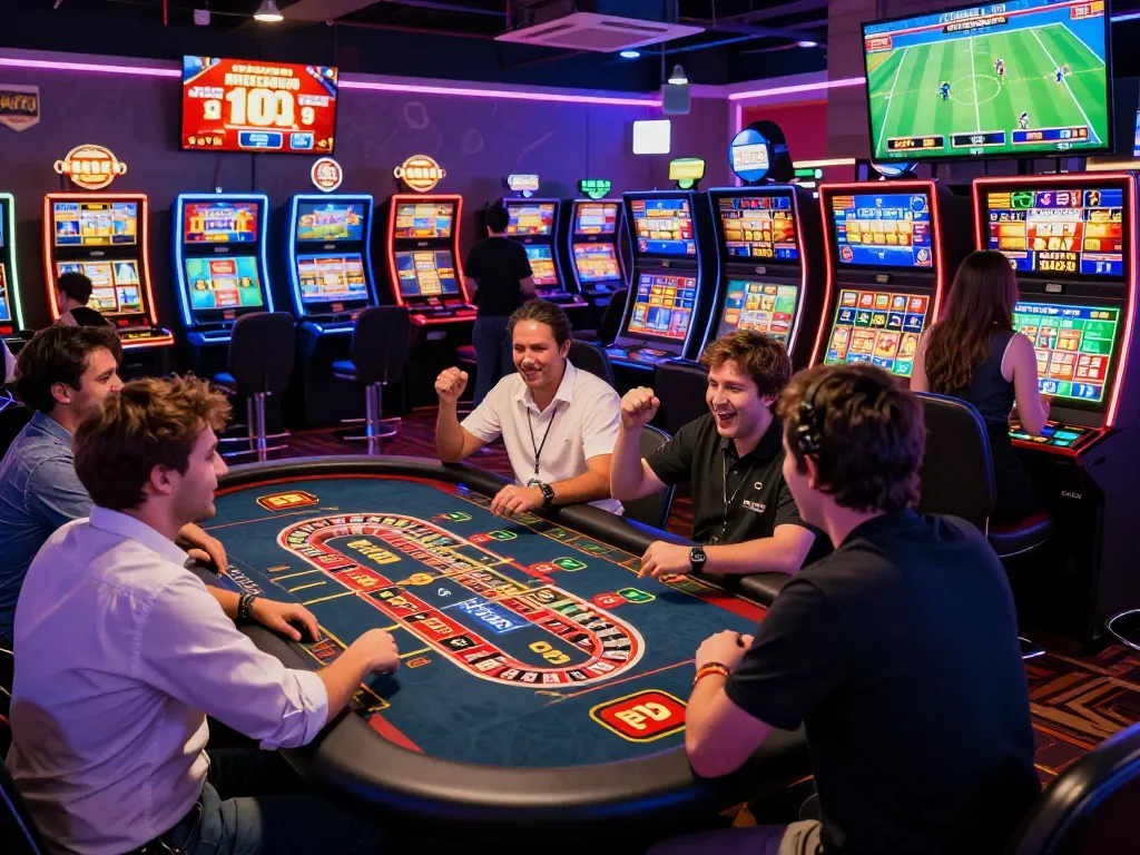 AQ777 vibrant online gaming scene with diverse players enjoying roulette and slot machines, showcasing a thrilling casino experience.