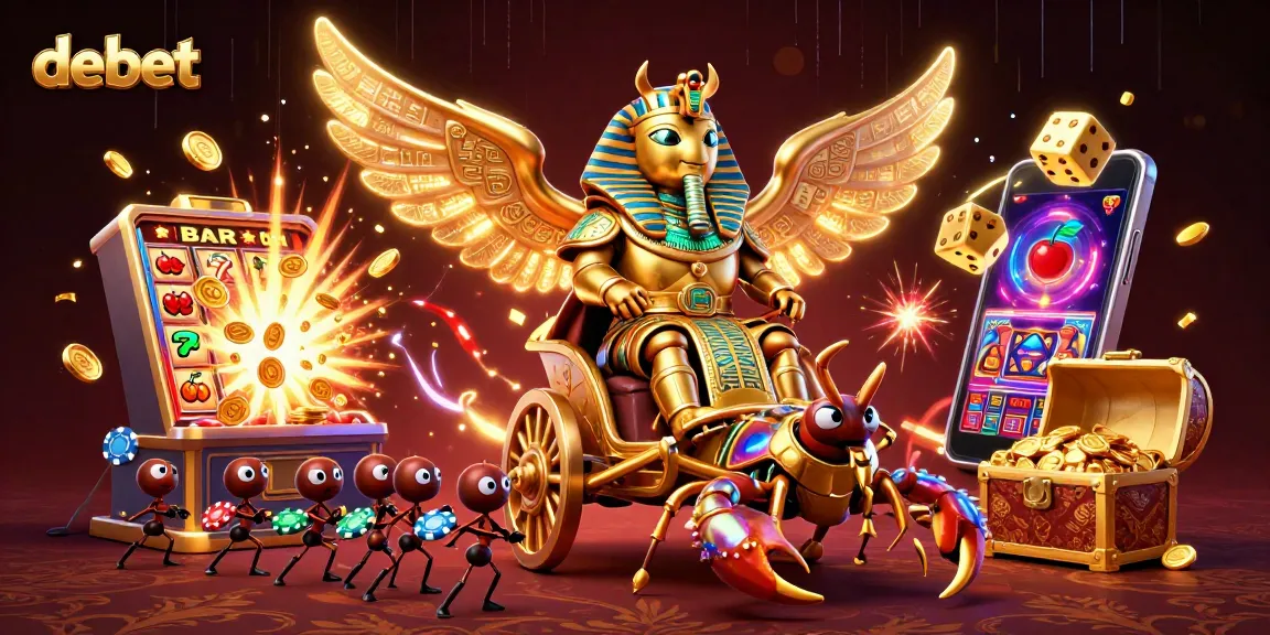 Engage with debet in a dynamic casino illustrated scene featuring a golden scarab and slot machines.