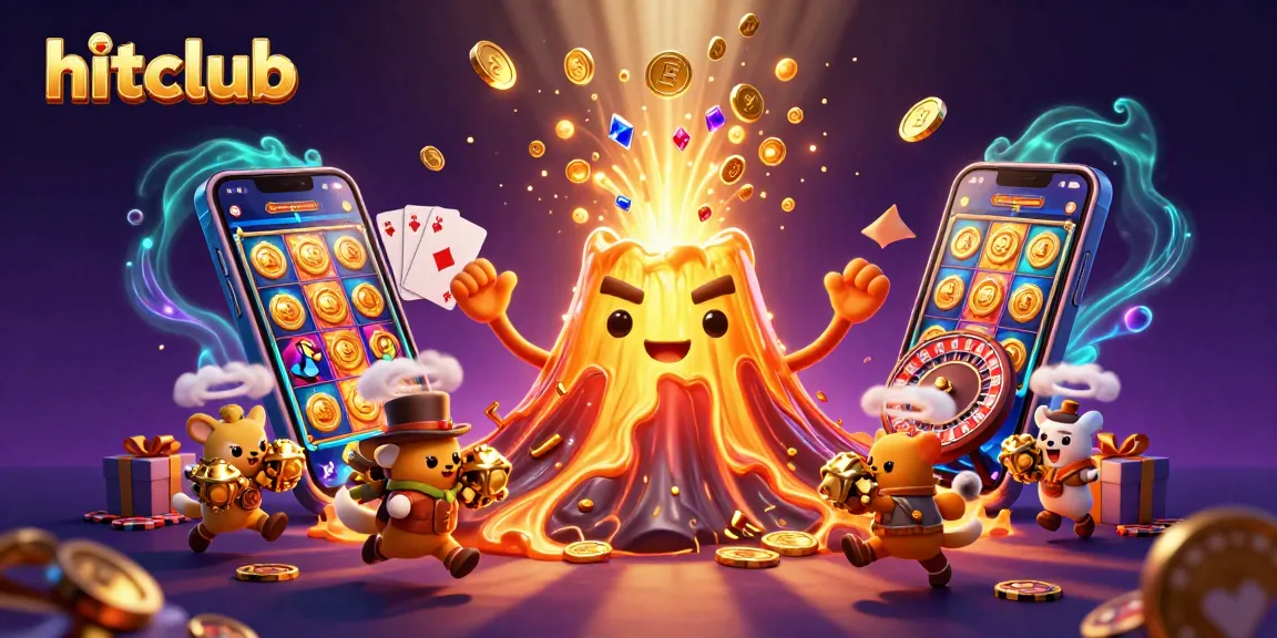 Experience exciting gameplay at hitclub with treasures erupting from a golden volcano in this vibrant illustration.