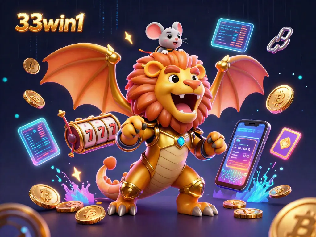 Engage in thrilling casino action with 33win1's vibrant 3D illustration showcasing a golden chimera amidst slot games and crypto elements.