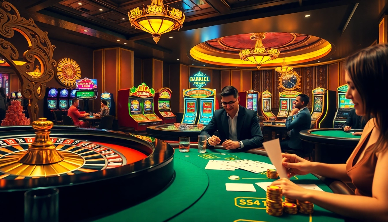Experience thrilling games at https://rikvip11.info/, featuring vibrant casino environments with roulette, poker chips, and slot machines.