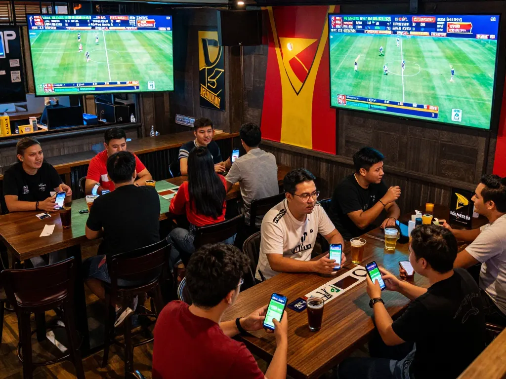 Soi kèo bóng đá showcased on smartphones in a lively sports betting bar setting