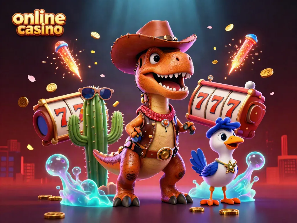 Experience the excitement of an online casino with a playful T-Rex, cactus, and roadrunner surrounded by spinning slots.