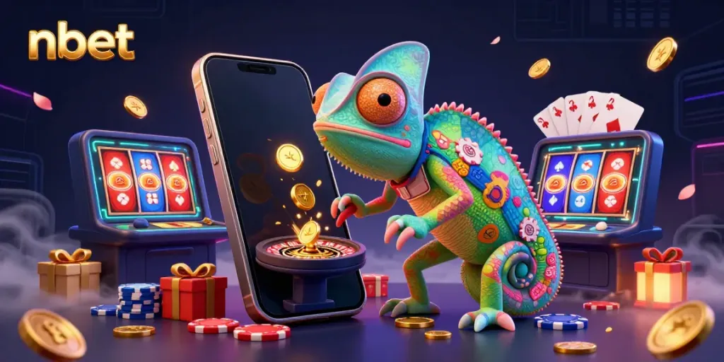 Experience nbet's thrilling casino world with an energetic chameleon owner and various gaming elements