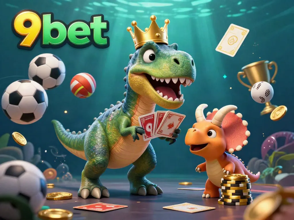 Join the fun at 9bet with cute T-Rex and friends playing cards and stacking chips in a vibrant casino scene.