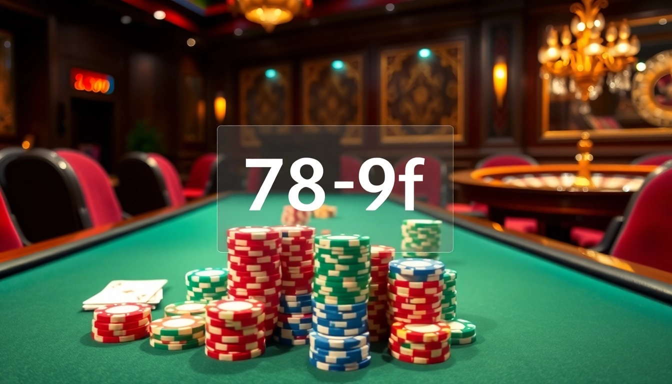 A high-stakes poker game at a casino featuring 789f poker chips and elegant cards, inviting excitement and strategy.