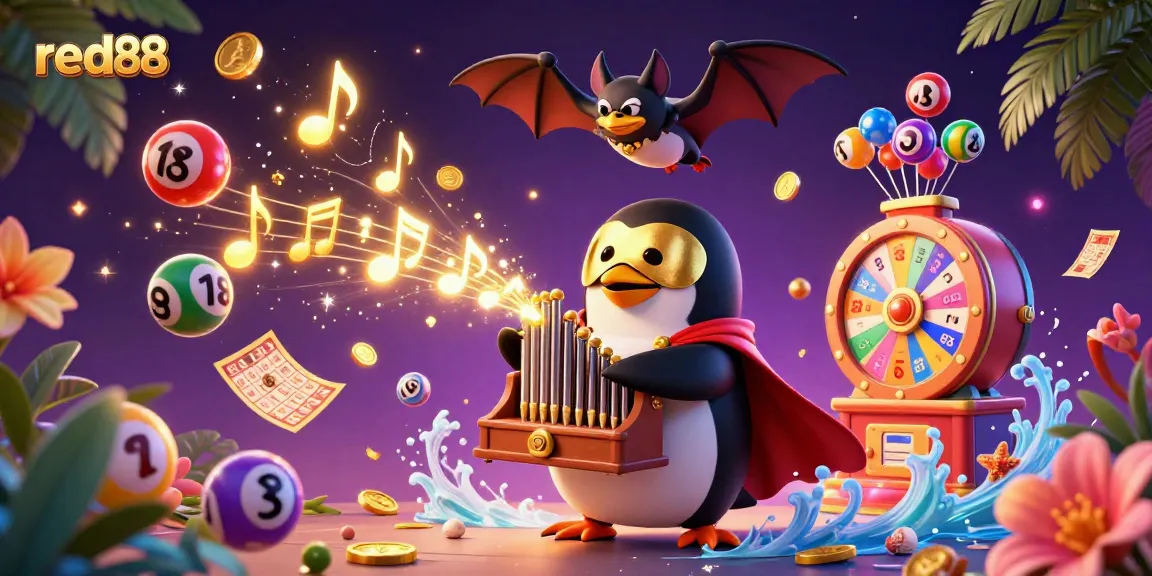 Engage with the captivating red88 carnival scene, featuring a penguin playing a golden organ amidst vibrant lottery elements.