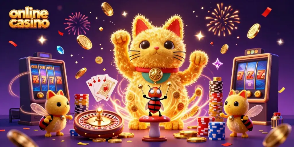 Engage in an online casino adventure with vibrant fireflies forming a lucky cat amidst dazzling casino symbols.