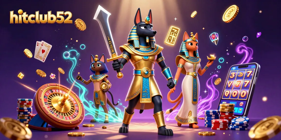 Experience hitclub52's vibrant casino world with Anubis and Bastet amid glowing symbols and casino treasures.