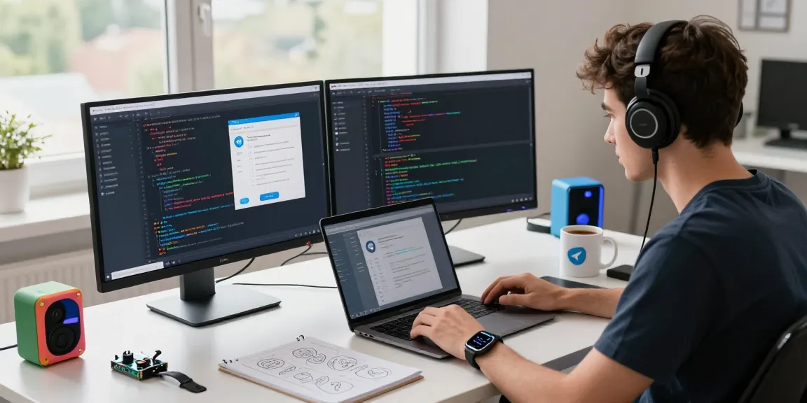 Developer engaging with Telegram Web Version in a modern workspace, showcasing coding and app interface.