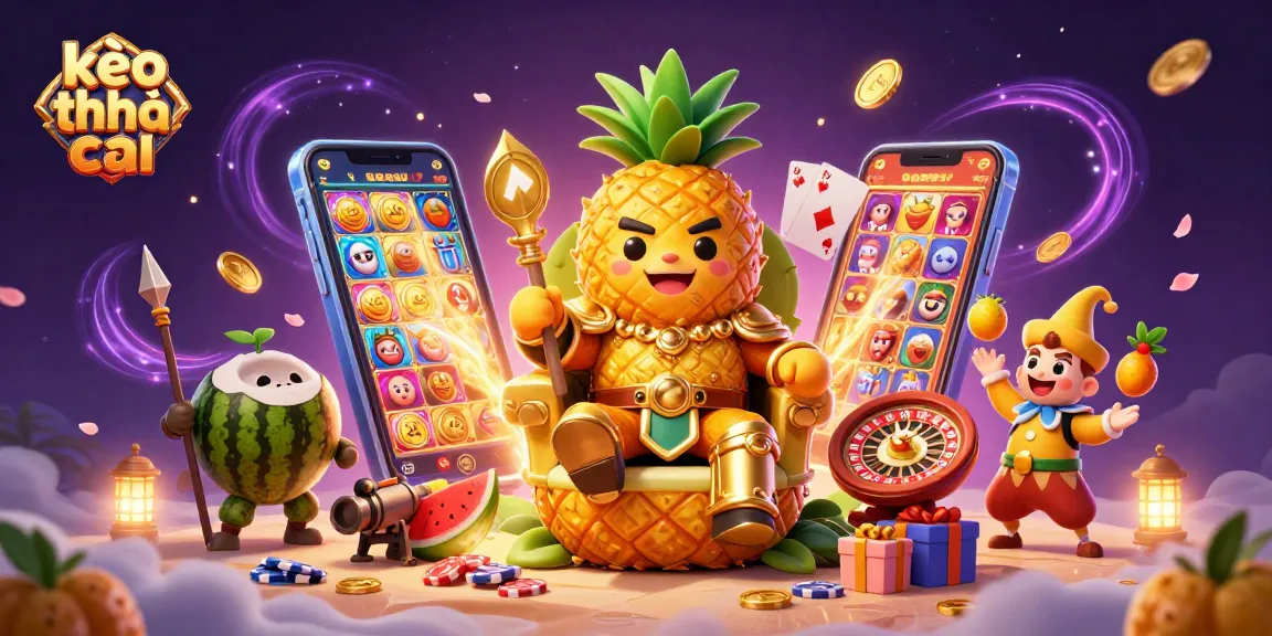 Engage with kèo nhà cái strategies in a vibrant casino scene featuring a pineapple king and casino elements.