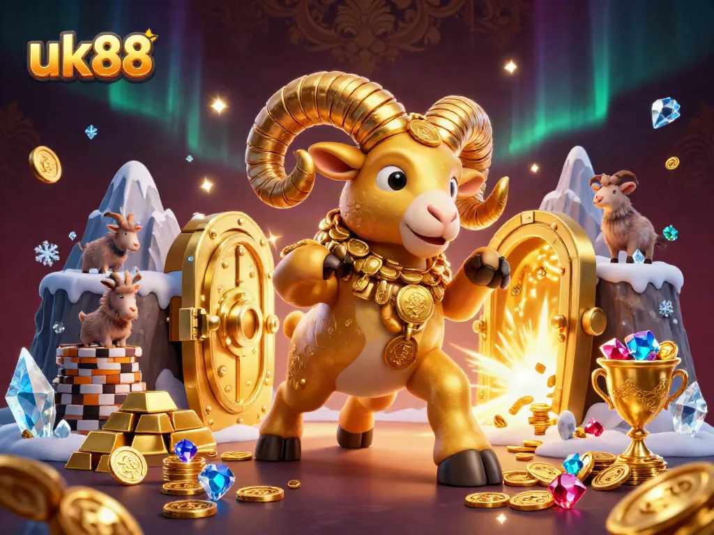 Experience the thrill of uk88 with a golden ram charging toward a treasure vault overflowing with riches.