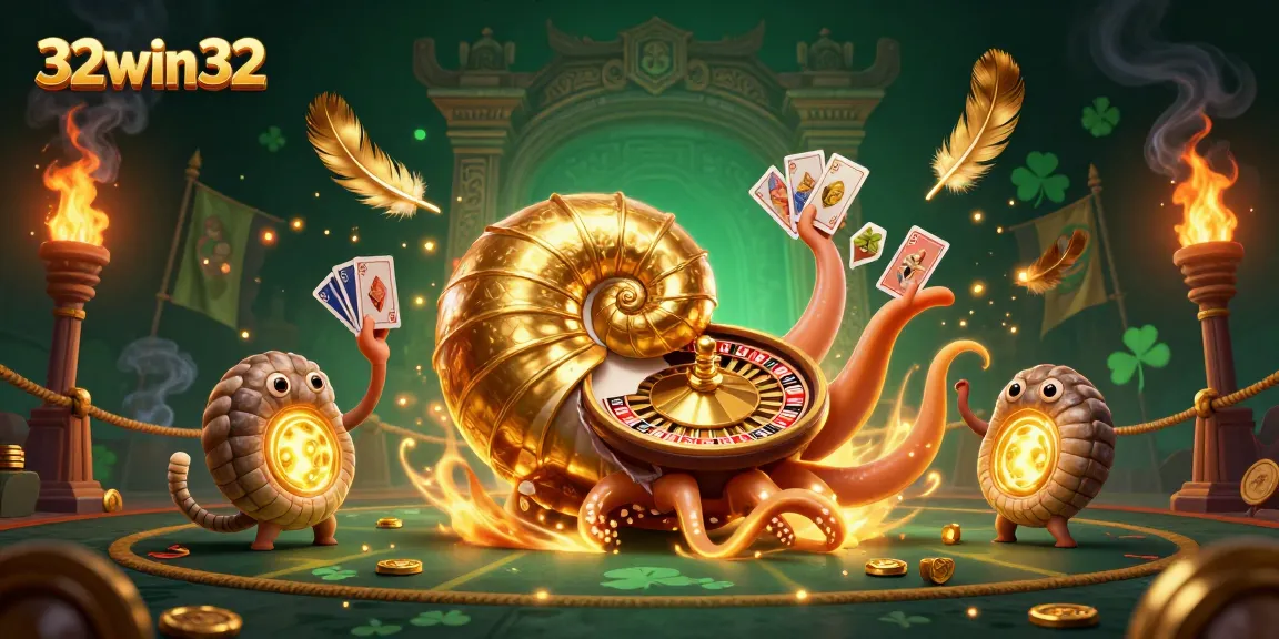 Win at 32win32 with an enchanting 3D casino scene featuring a golden roulette nautilus.