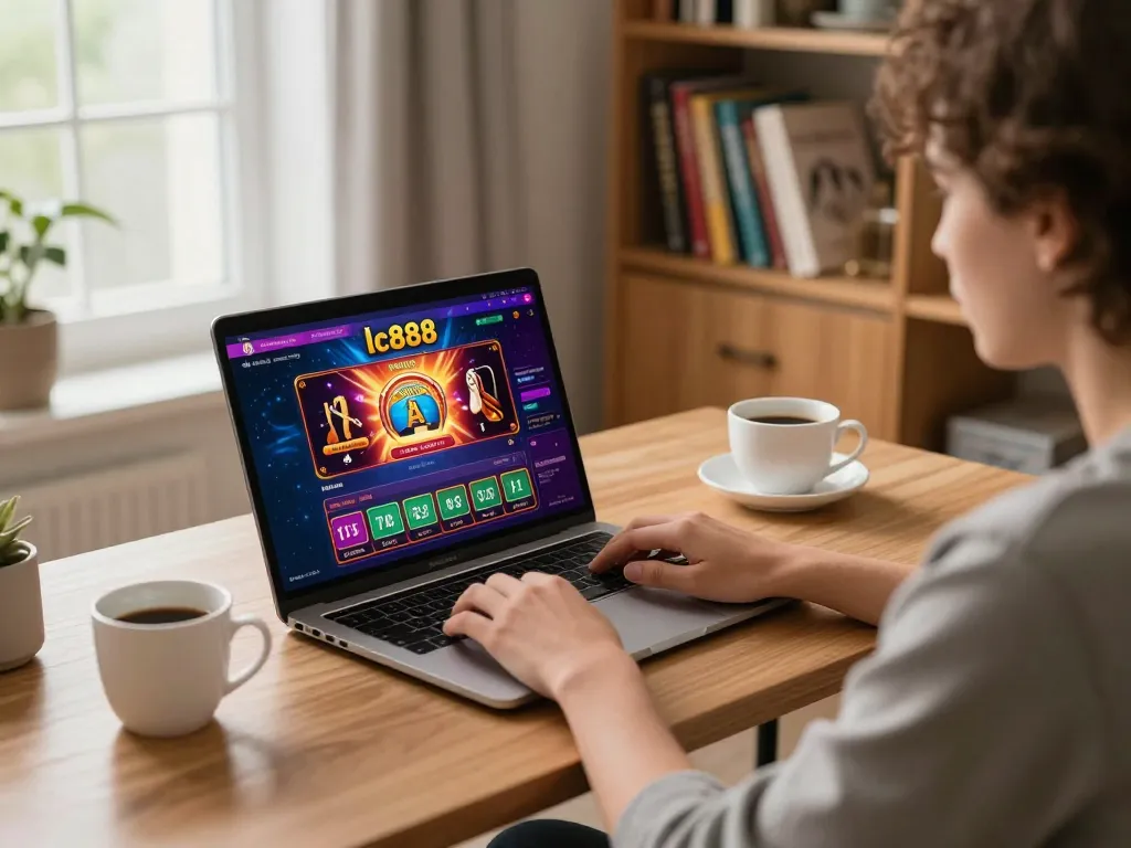 Player enjoying online gaming on lc888 platform with casino atmosphere and cozy home setup