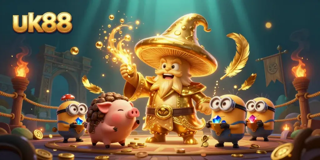 Experience thrilling gaming adventures at uk88 with golden wizard and treasure-hunting pig in a vibrant casino scene.