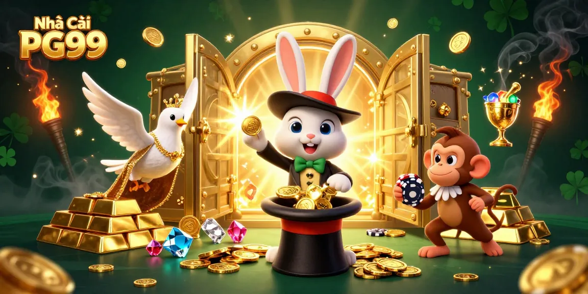 Engage with Nhà Cái PG99 as the magician rabbit conjures winning coins amid golden gems and poker chips.