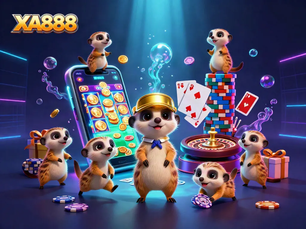 Win big at XA888 with a lively meerkat casino scene featuring playful gaming elements and vibrant colors