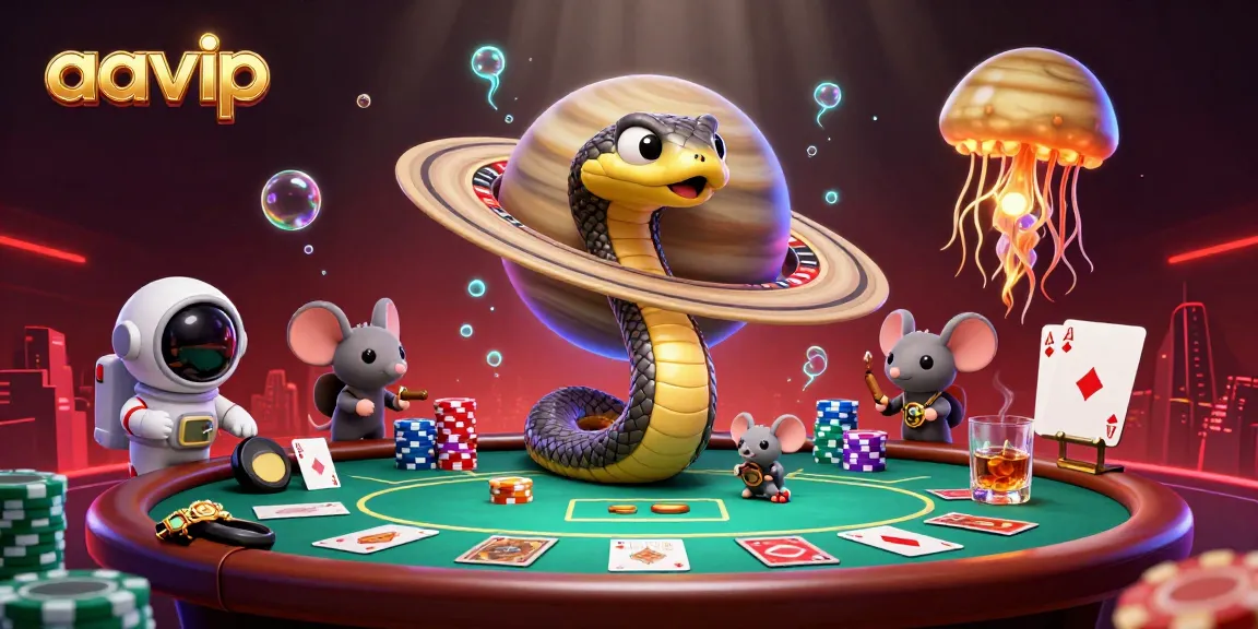 Aavip casino scene with cartoon characters betting on a Saturn ring roulette wheel amidst vibrant casino elements.