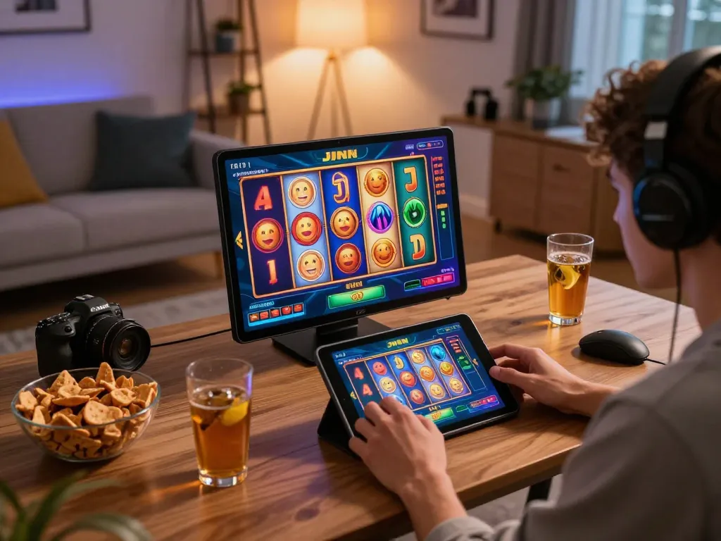 Engaging in an exciting JJNN slots game at home with snacks and a cozy ambiance.