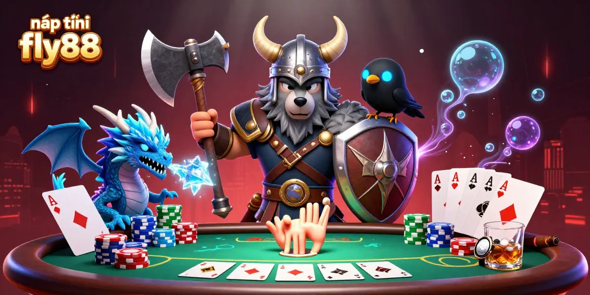 Play poker with nạp tiền fly88, featuring mythical creatures in a vibrant casino scene.
