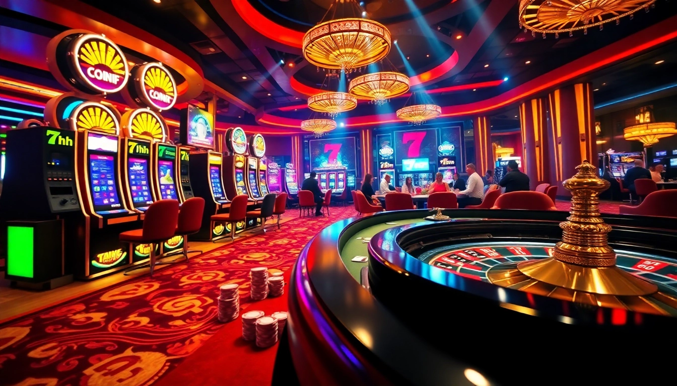 Players enjoying high-stakes poker and vibrant slot machines at the 7hh casino.