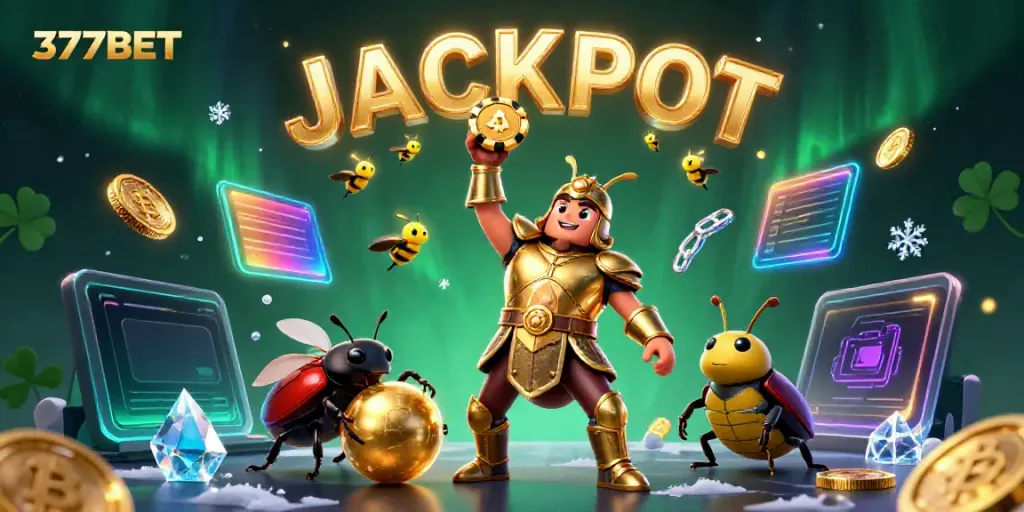 Experience the thrill of victory with 377BET, featuring a heroic beetle and shimmering casino elements.