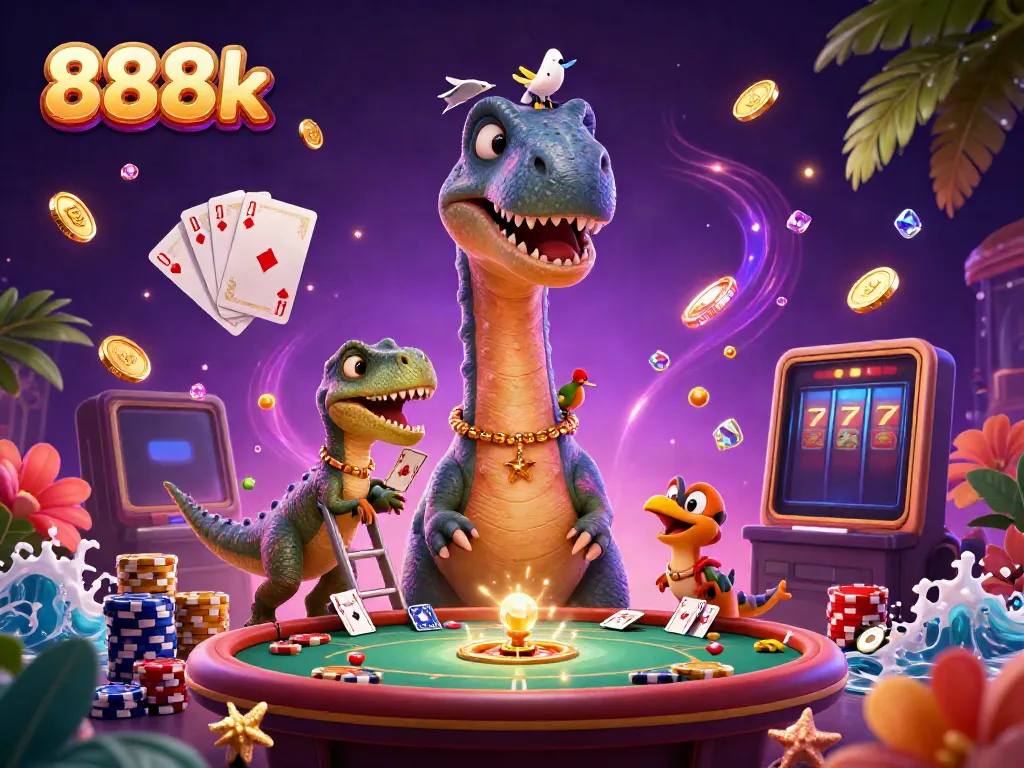 Experience electrifying gameplay at 888k with a cartoon brontosaurus and clever raptor in a vibrant casino.