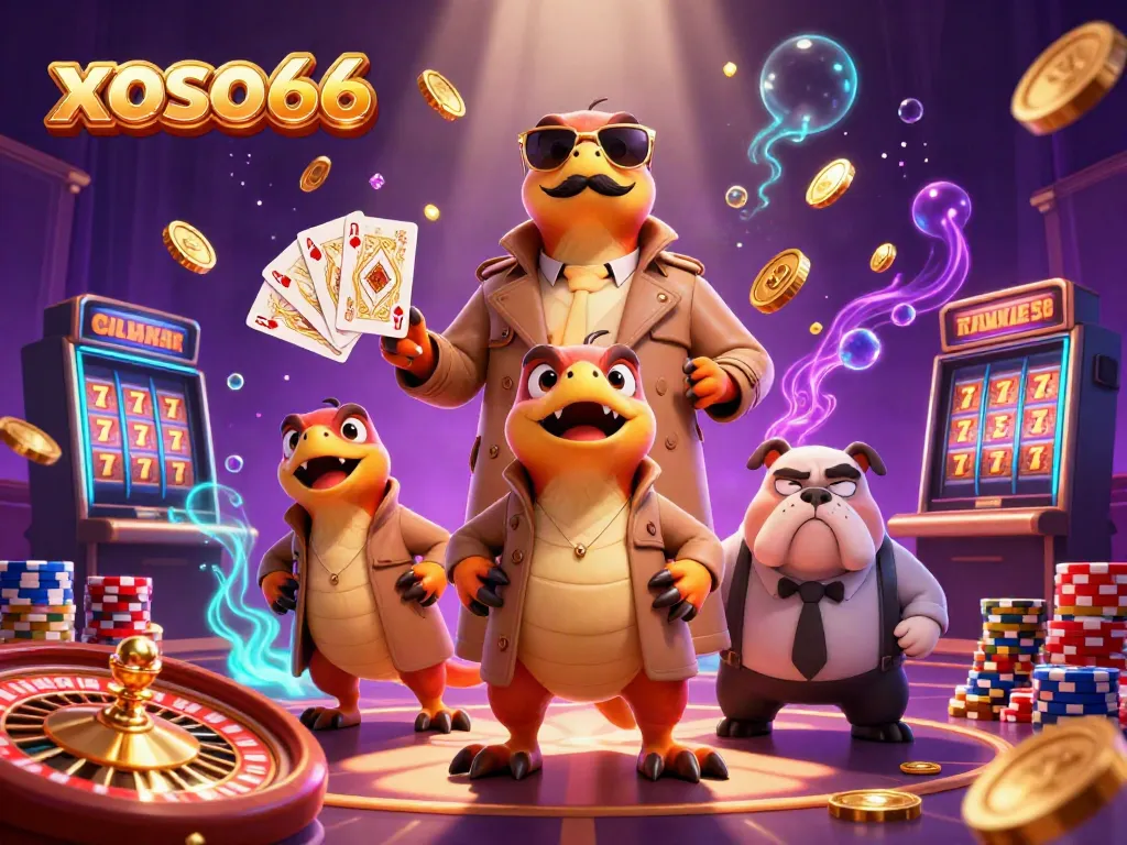 Experience the vibrant energy of xoso66 with raptors in a trench coat entering a casino, surrounded by dazzling coins and cards.