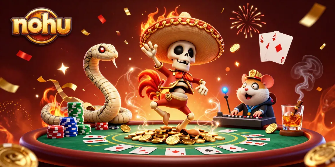 Nohu's vibrant, engaging 3D illustration showcases casino excitement with dynamic characters celebrating victory.