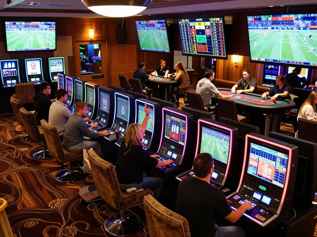Engaged bettors happily using gk888 betting kiosks in a lively casino lounge environment.
