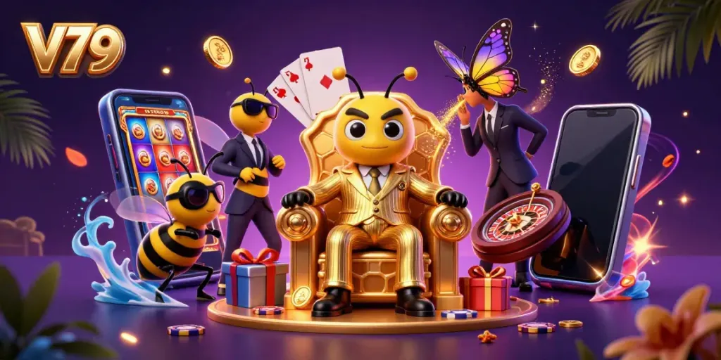 Experience the excitement at V79 with a buzzing bumblebee boss and vibrant casino elements.