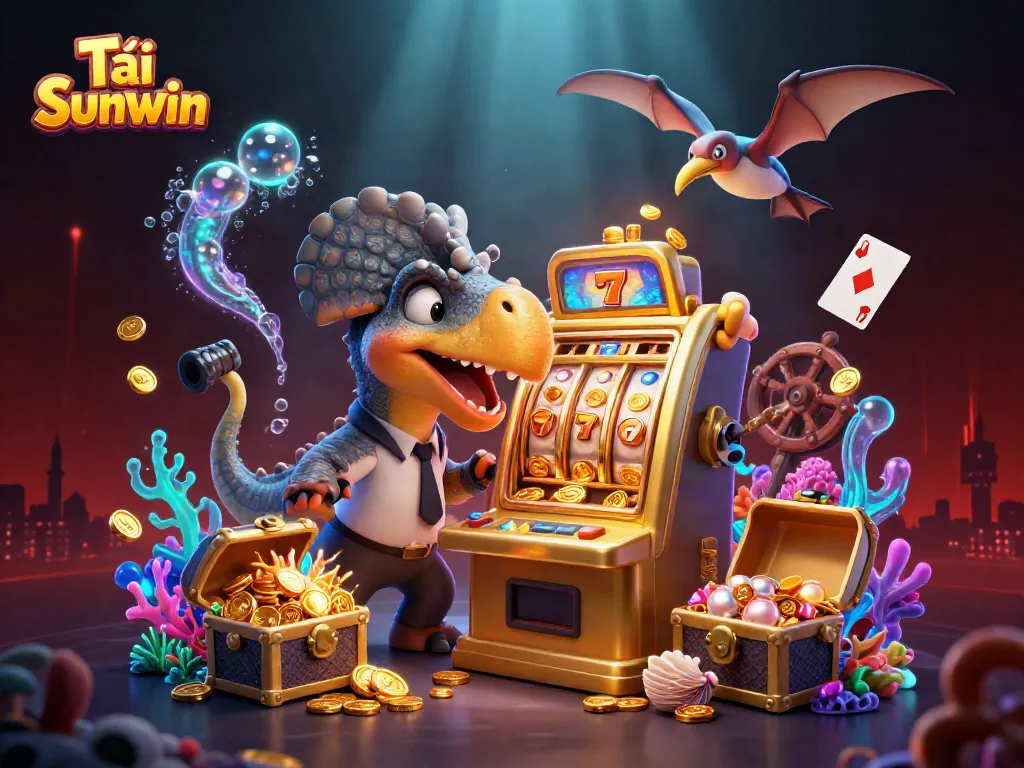Tải Sunwin through an explosive scene where cartoon dinosaurs interact with a golden slot machine, capturing dynamic casino energy.
