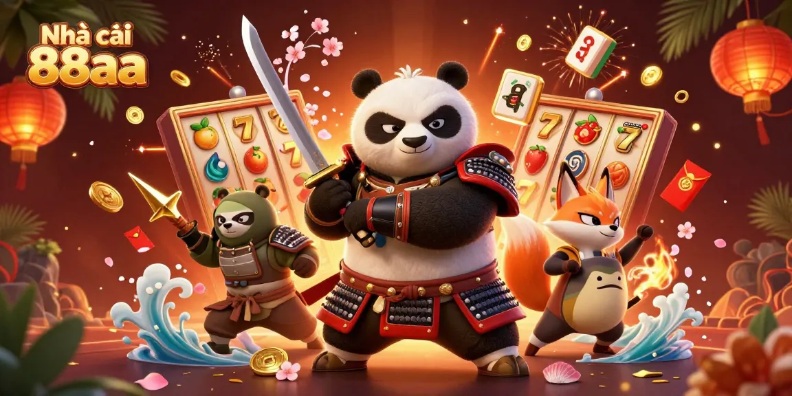 Engage with Nhà cái 88aa in this vibrant casino scene featuring samurai panda and ninja fox.