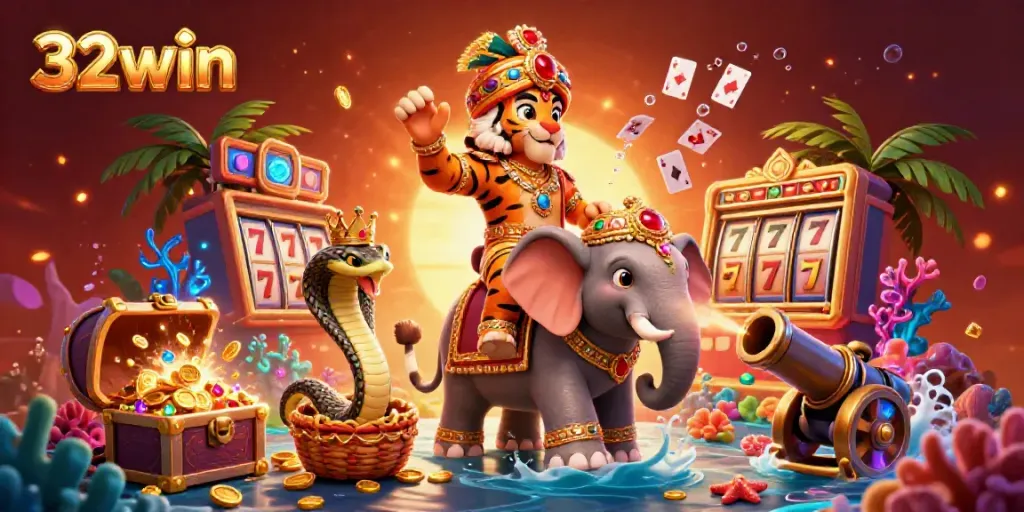 Experience the thrill of 32win in a vibrant casino scene with a majestic maharaja, slot reels, and treasure elements.