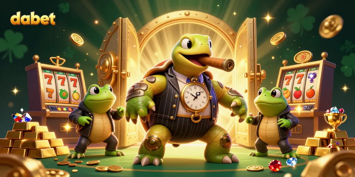dabet showcases an engaging 3D scene with a turtle in a mobster suit and slot machines celebrating big wins.
