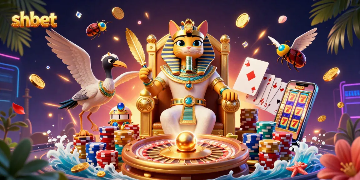 shbet's captivating casino scene featuring golden treasures and an Egyptian pharaoh cat in a winning atmosphere