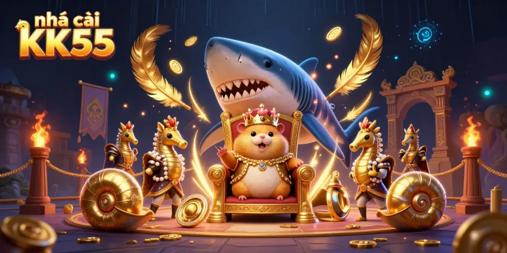 Experience the thrill of nhà cái KK55 with an epic golden hamster king commanding a casino arena.