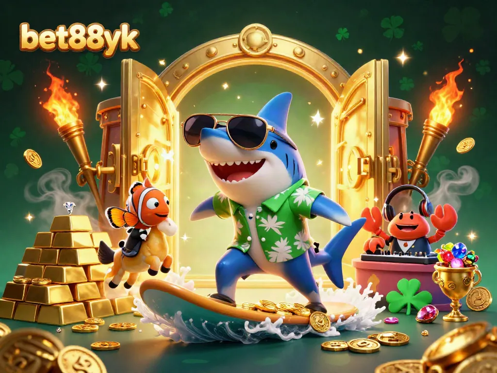 Experience thrilling adventures with bet88yk as a shark surfs gold coins amidst dazzling casino treasures.