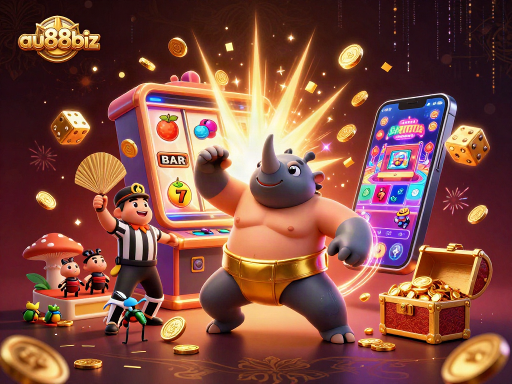 Experience gaming excitement with au88biz as a cartoon beetle champion stomps coins in a vibrant casino